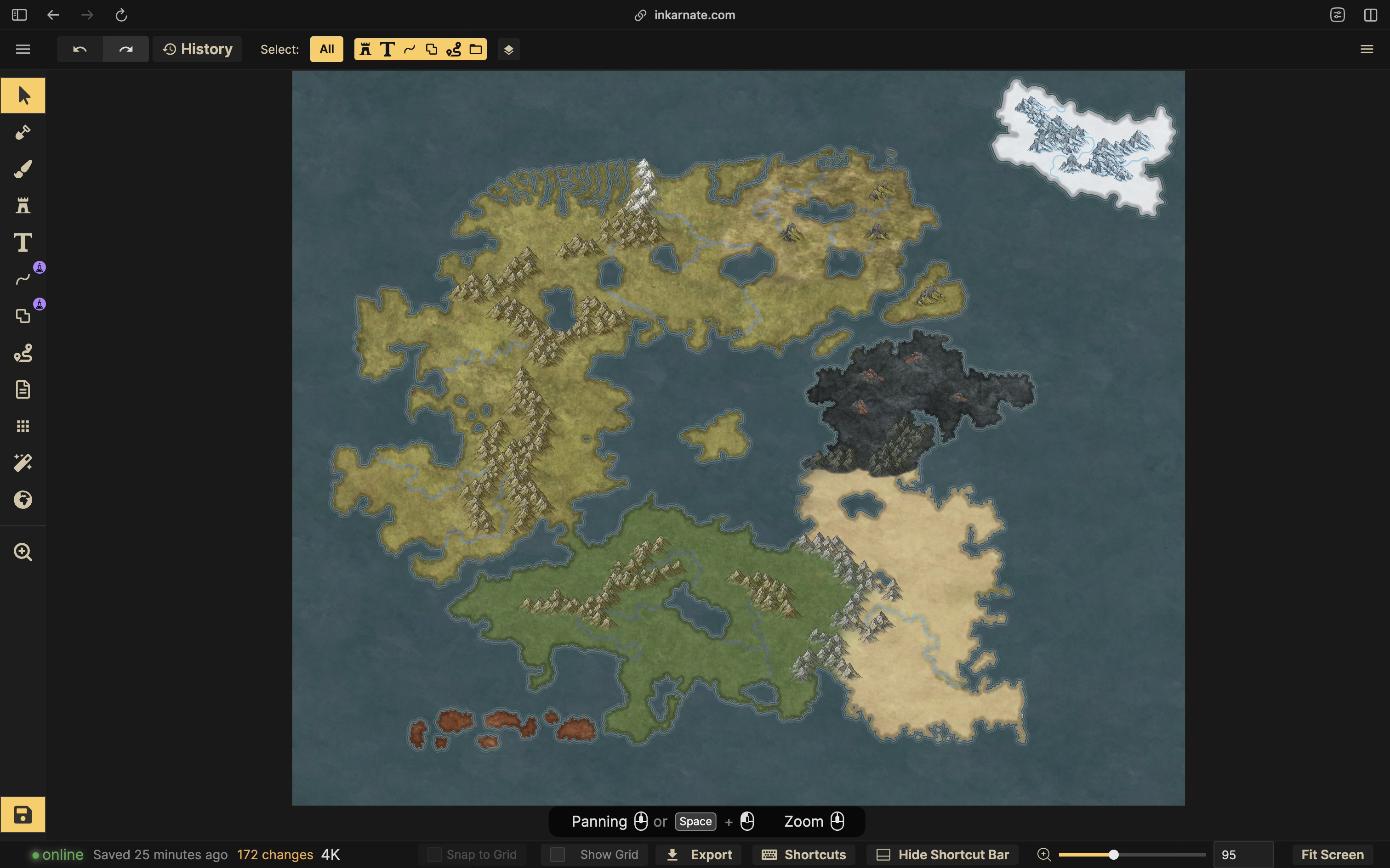 A screenshot depicting the same map from the previous images, but this time with rivers added, flowing from several of the mountains towards various coastlines.