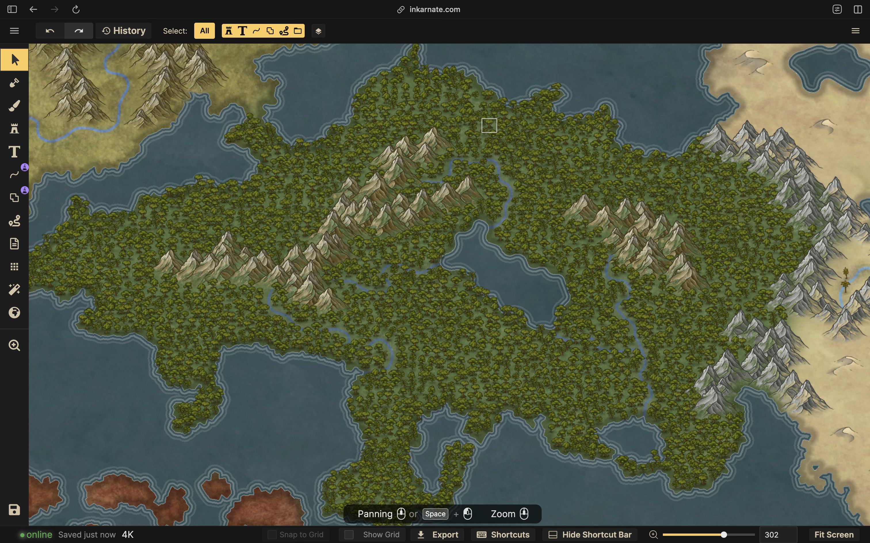 A screenshot of Inkarnate, showing the rainforest area zoomed in, with tree stamps added. Gaps have been left along rivers and coasts to make the lines crisp.
