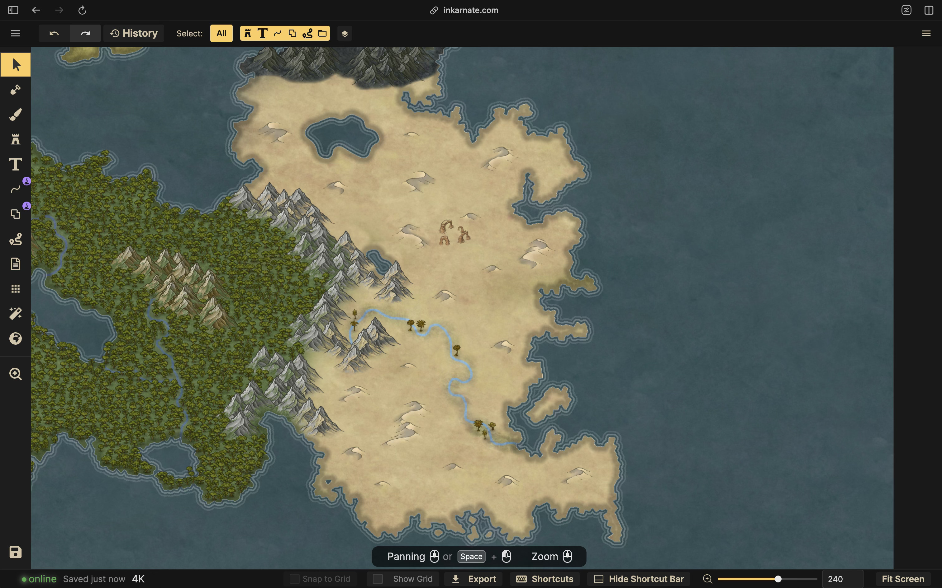 A screenshot of Inkarnate showing the desert area of the map, with dunes, rock features, and trees along a river added.