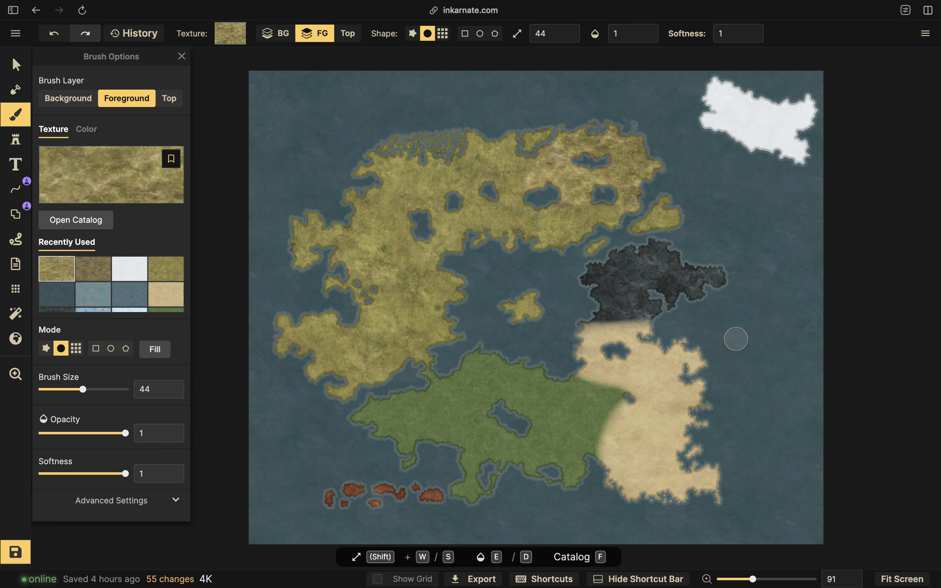A screenshot of Inkarnate, showing the process of painting terrain onto the outline featured in the previous image. The islands at the south have been painted with a red wasteland, the southern continent is dark green, the southwest is desert and the west is scorched earth. There is swampland in the northwest, and the island in the north is ice.