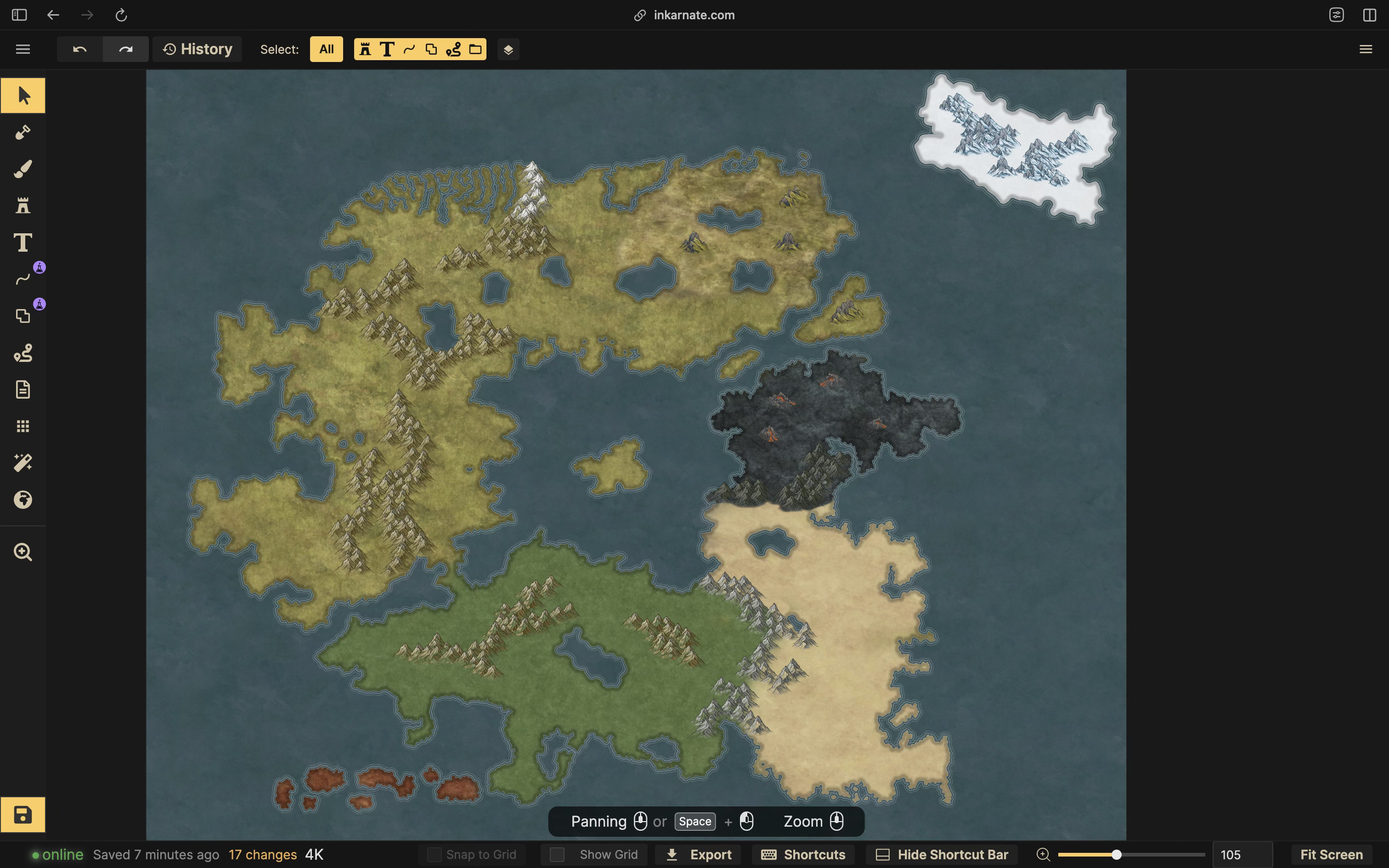 A screenshot of Inkarnate with the map above, now with mountain ranges added that divide up the landmasses and different biomes.