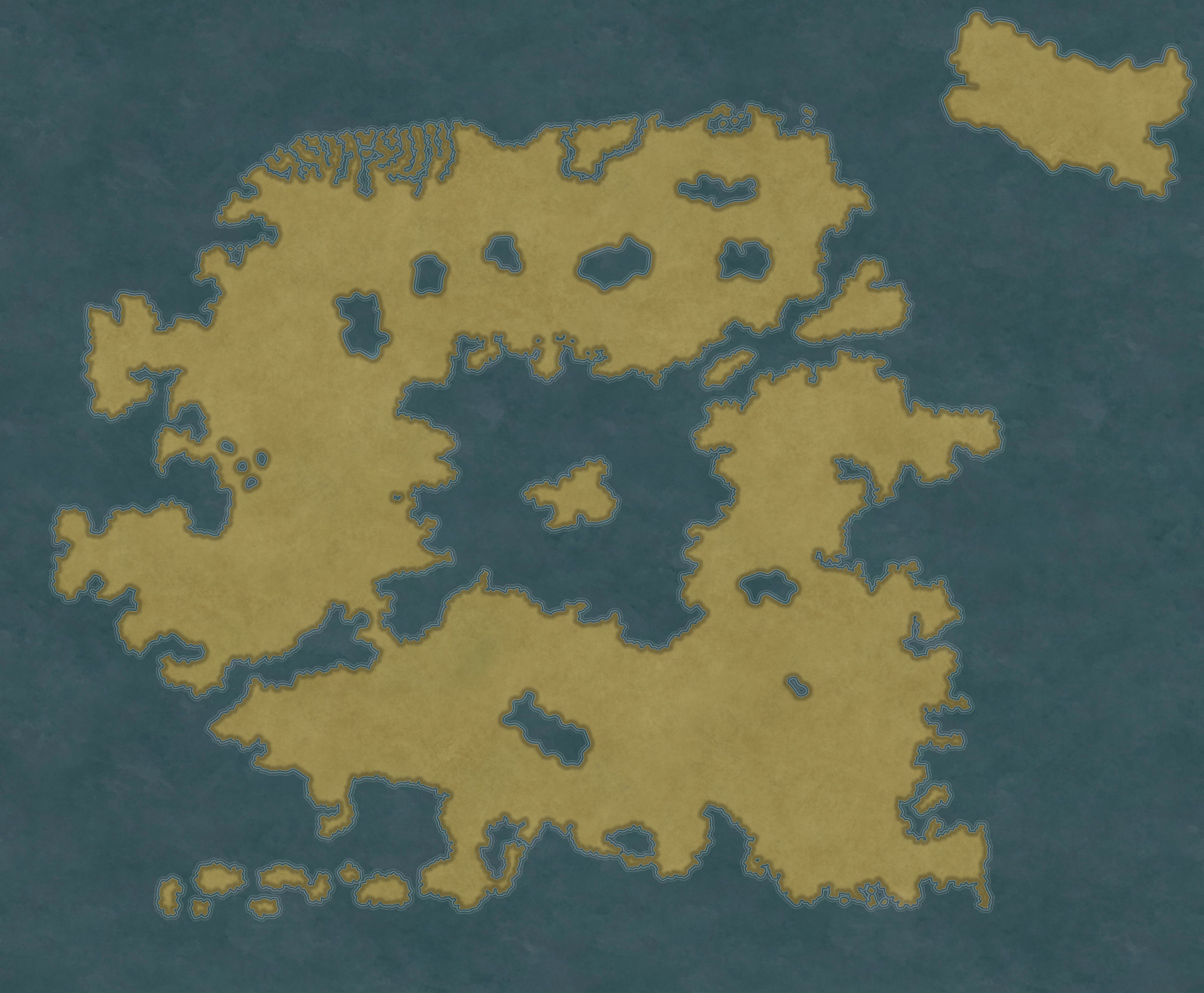 A basic map showing only the outline of a continent. A roughly circular landmass, with a large inland sea, two inlets, some southern islands, and a larger northern island.