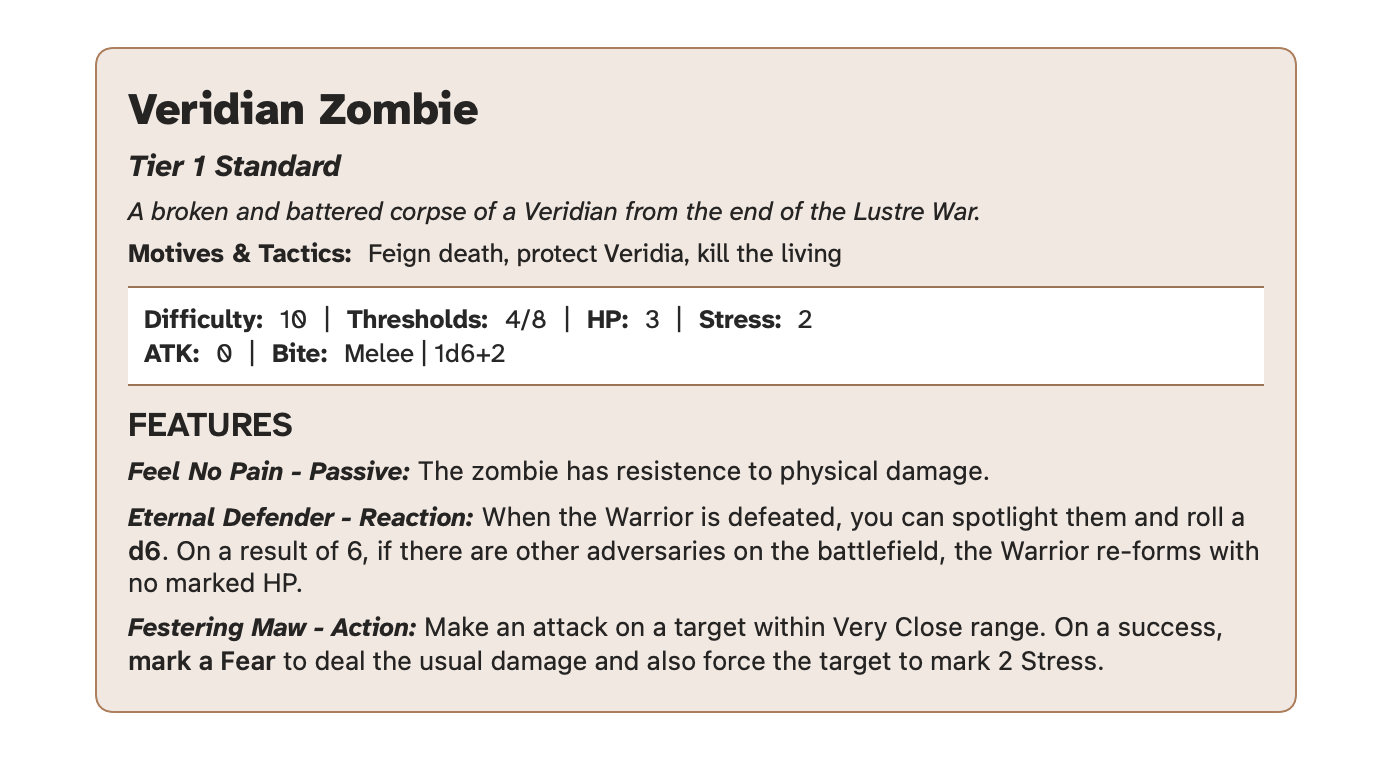 A Veridian Zombie stat block - also available as a PDF at the end of the post.