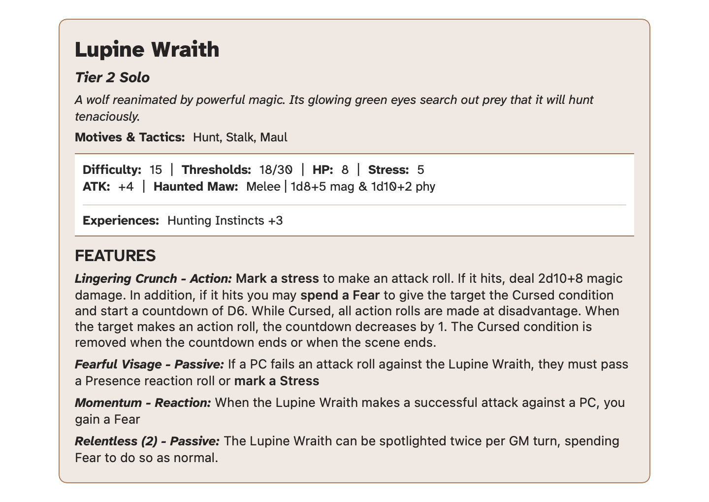 A stat block for the Lupine Wraith creature. An accessible version is attached as a PDF at the end of this article.