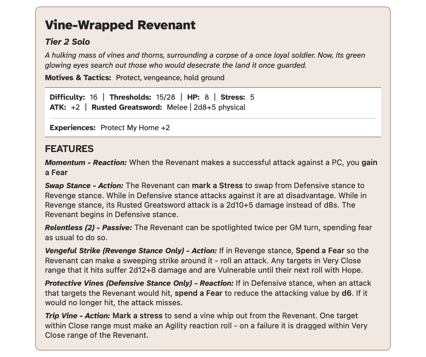 A stat block for the Vine-Wrapped Revenant. An accessible version is available at the end of this article.