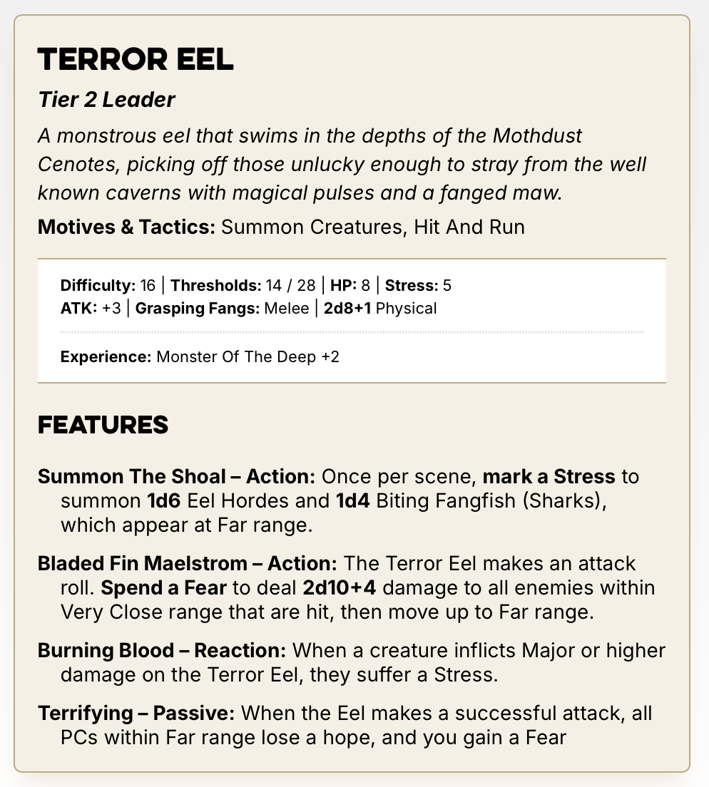 A stat-block for the Terror Eel. A link to an accessible version on Heart Of Daggers is posted below.