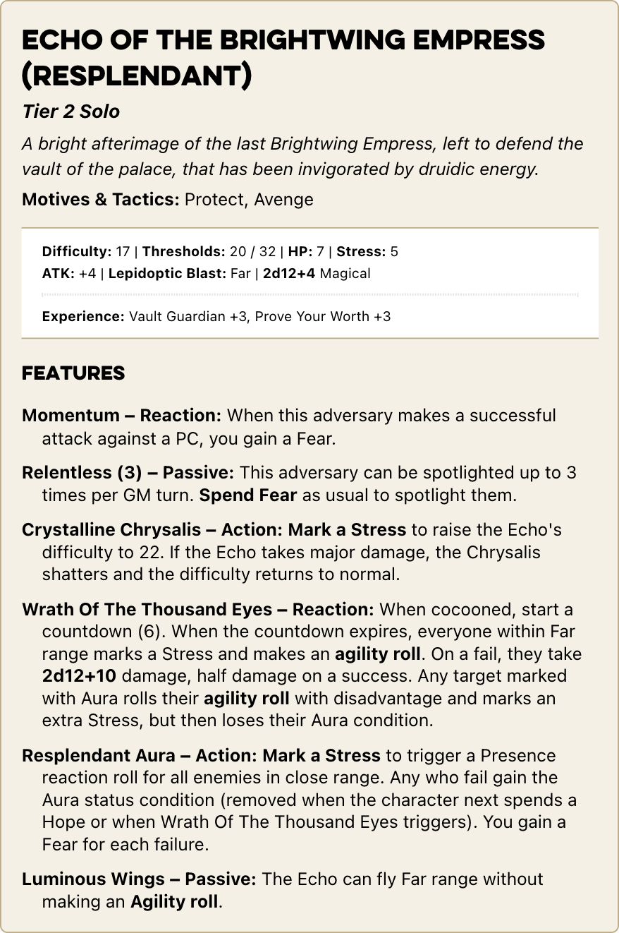 A stat block for the resplendent version of the Echo Of The Brightwing Empress. The full accessible version can be found at the Heart Of Daggers link at the end of the article.