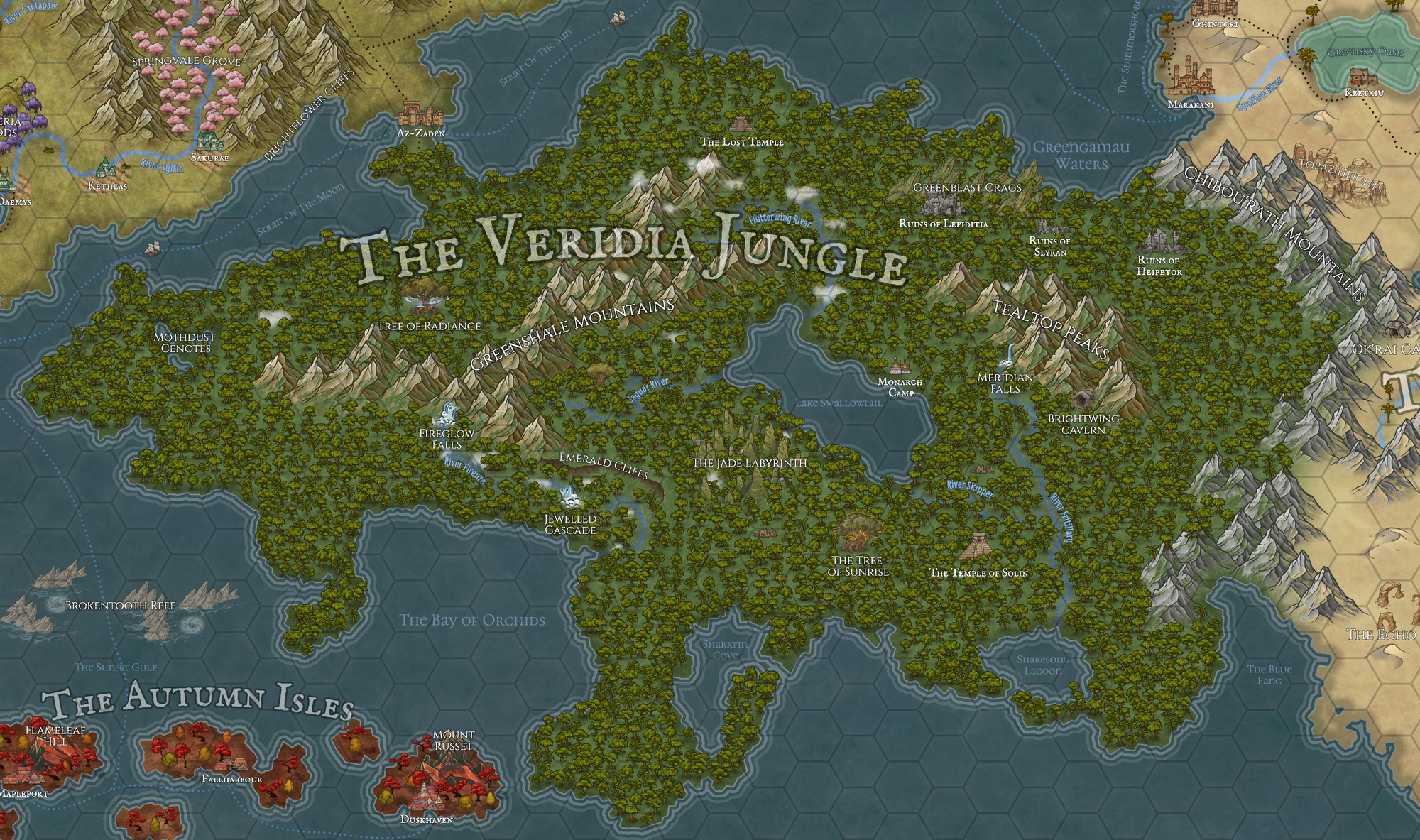 A map of the Veridia Jungle, showing the landmarks featured in this article.